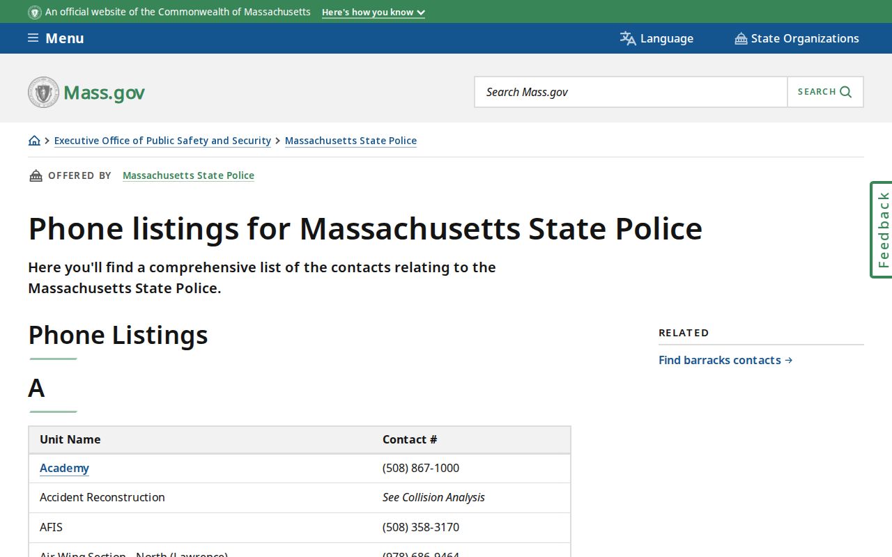 Massachusetts phone directory of State Police unit and barracks numbers