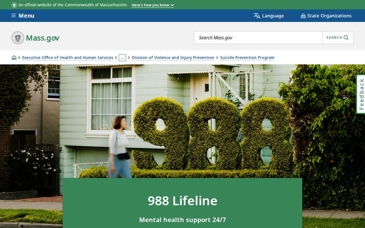 Massachusetts phone directory listing for the 988 Suicide and Crisis Lifeline