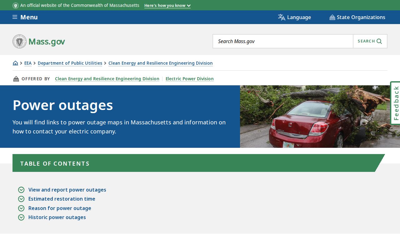Massachusetts phone directory reference for utility outage reporting numbers