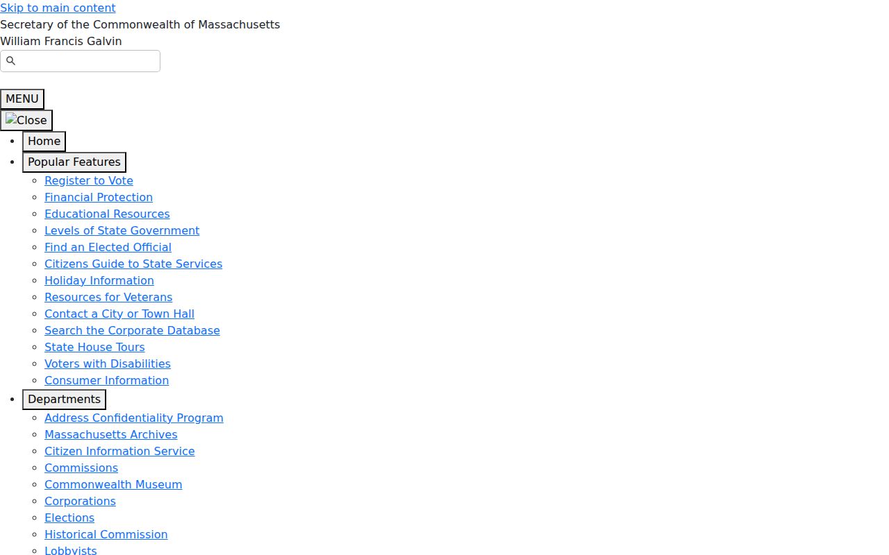 Massachusetts phone directory contact page for the Secretary of the Commonwealth