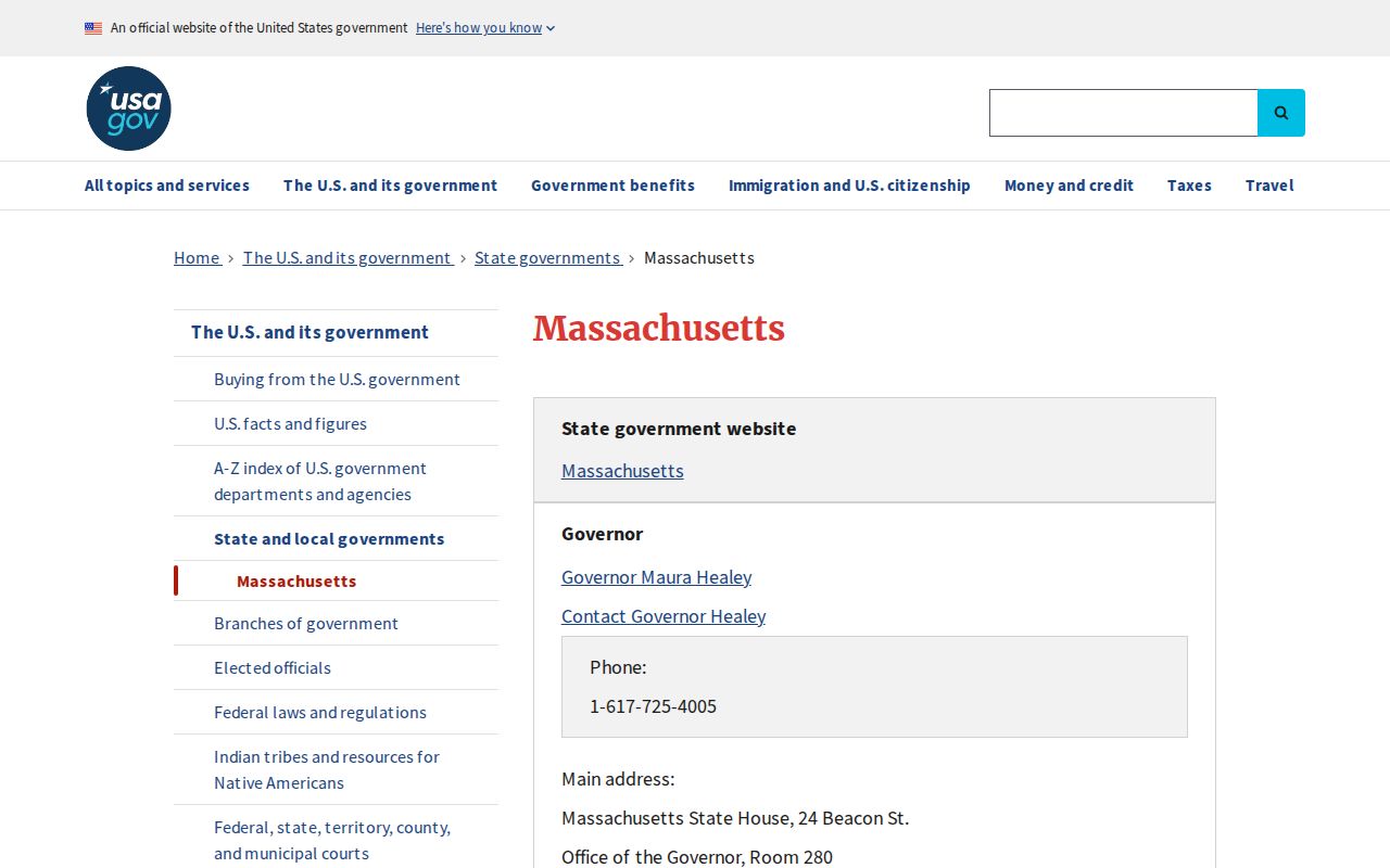 Massachusetts phone directory state contact page on USA.gov