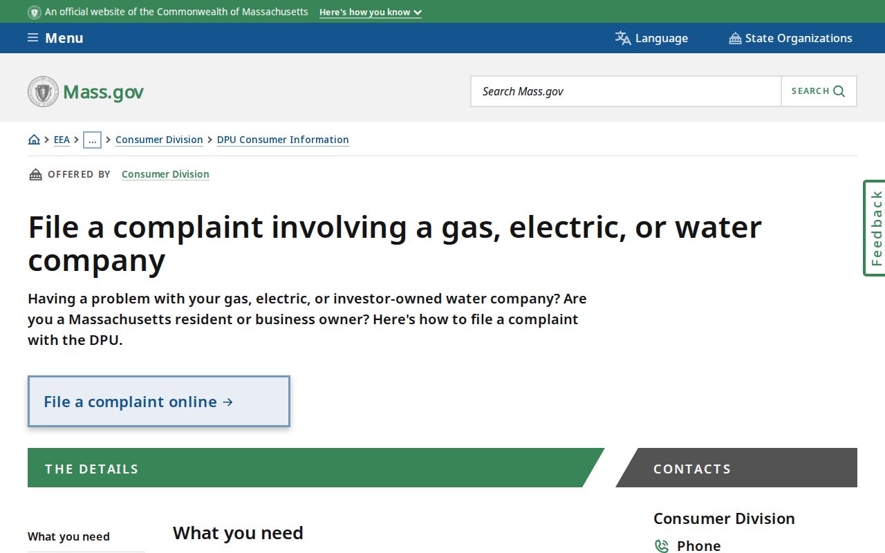 Massachusetts phone codes for utility complaints at the Department of Public Utilities