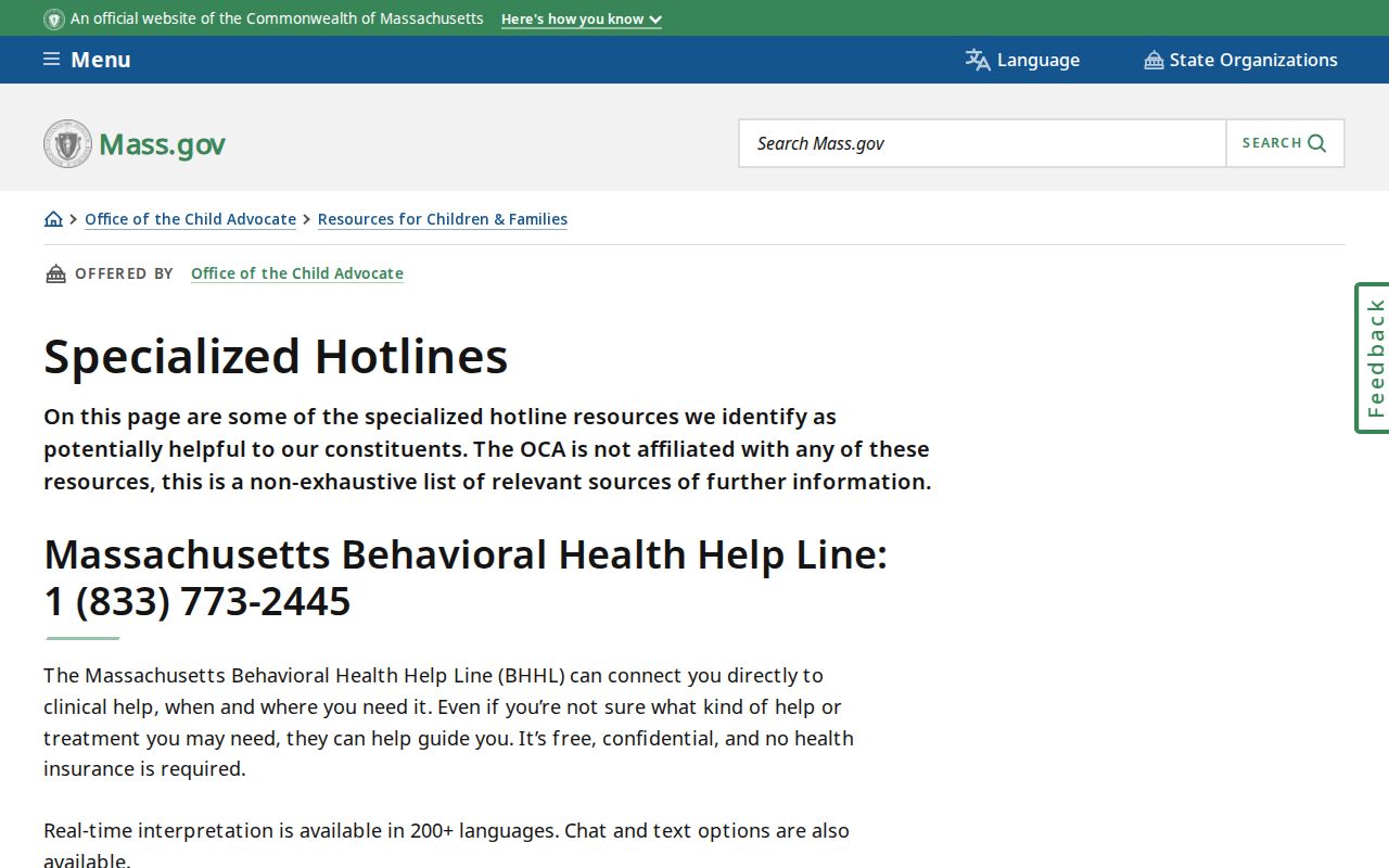Massachusetts phone codes and specialized hotline numbers from the state