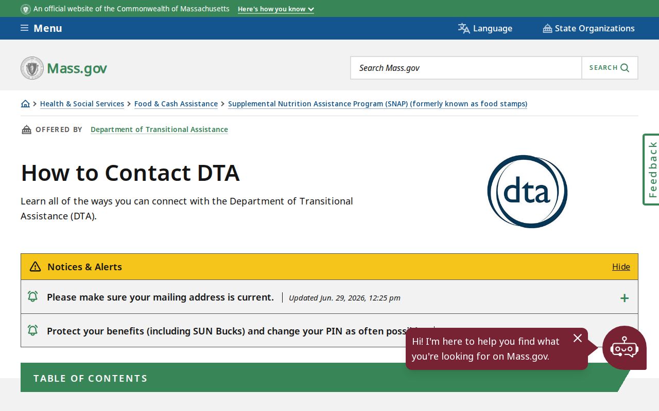 Massachusetts phone numbers and contact routes for transitional assistance benefits
