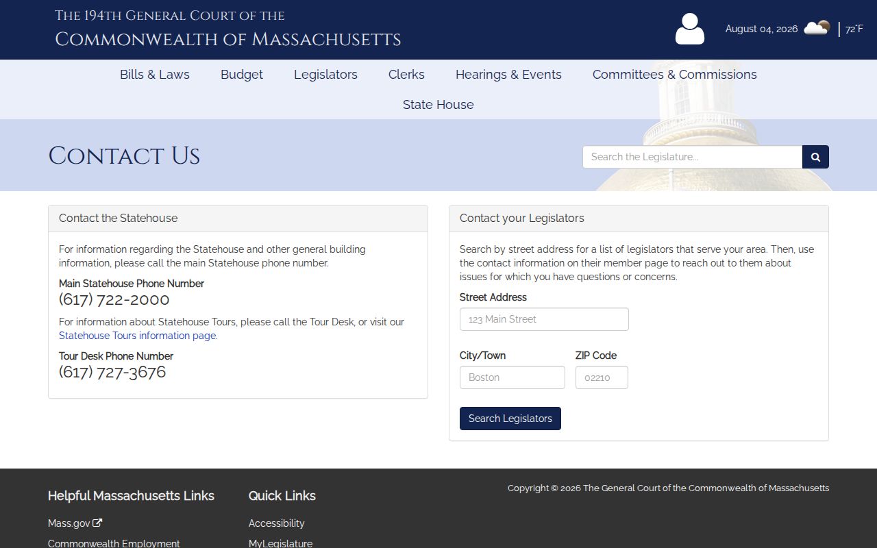 Massachusetts phone numbers listing for the State House and legislative contacts