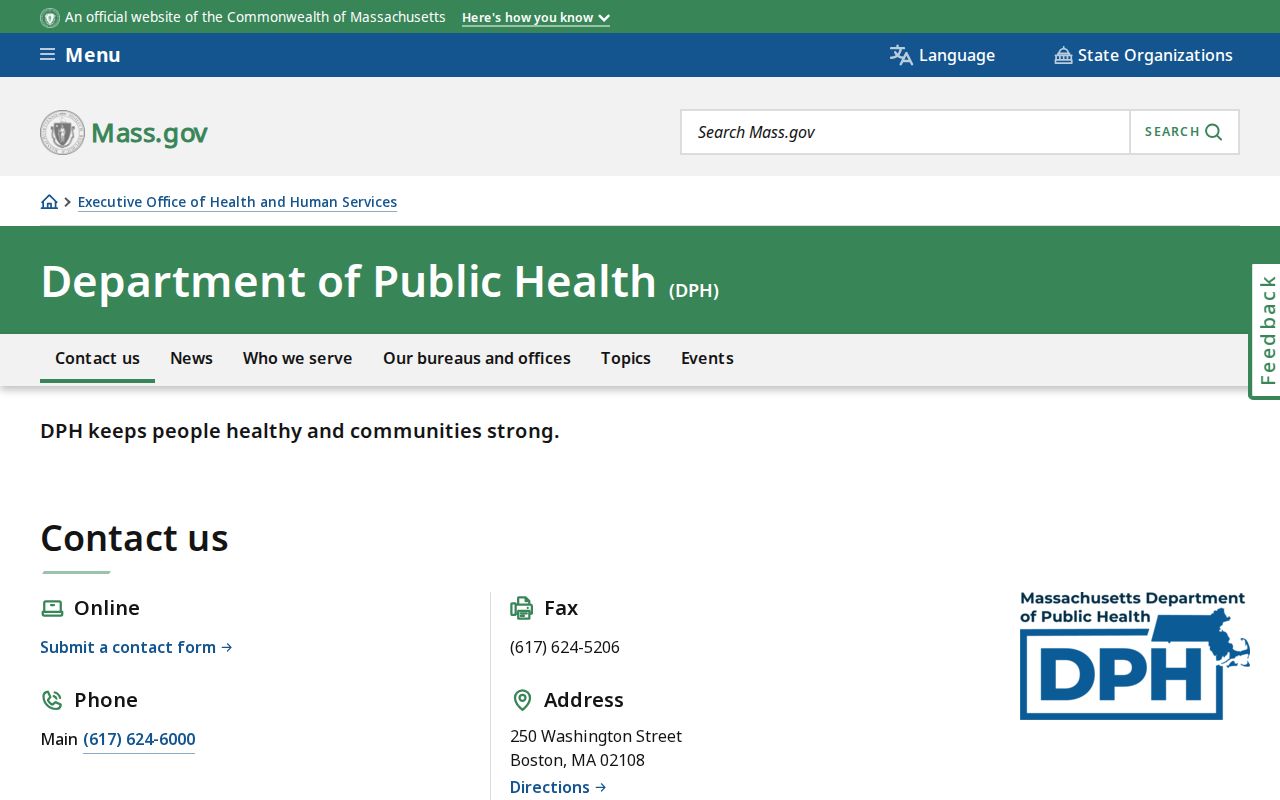 Massachusetts phone numbers for the Department of Public Health